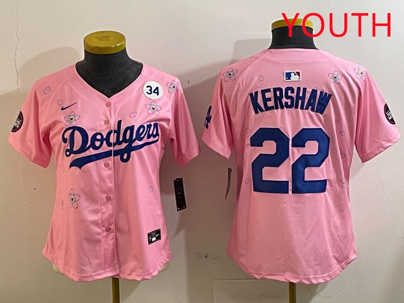 Youth Los Angeles Dodgers 22 Kershaw Pink White Blue Sakura Edition 2025 Nike MLB Jersey style 8